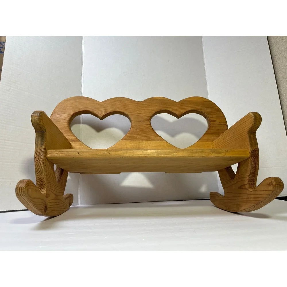 Vintage Wooden Cottagecore Rocking Bench Heart Cutouts Pine  Natural Finish